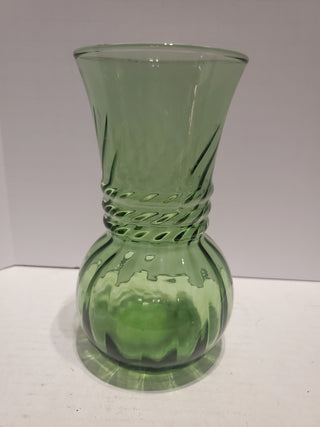 Vintage Anchor Hocking Green Ribbed Glass Vase 6 1/2” x 3 1/4”