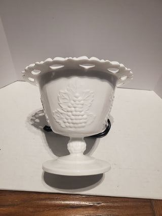 VTG White Milk Glass Footed Pedestal Candy Bowl Dish Grapes Lace Edge. 4.25”