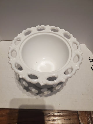 VTG White Milk Glass Footed Pedestal Candy Bowl Dish Grapes Lace Edge. 4.25”