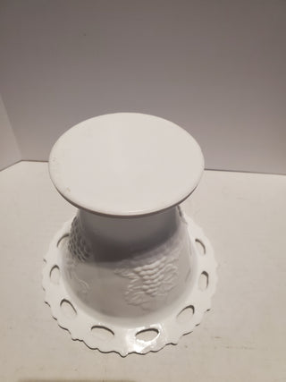 VTG White Milk Glass Footed Pedestal Candy Bowl Dish Grapes Lace Edge. 4.25”