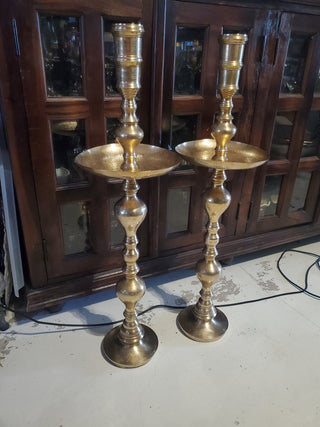 Vtg Moroccan Brass Floor Pillar Candlesticks Pair Altar Candle Holders 36”