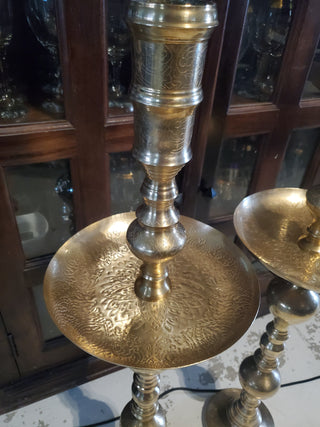 Vtg Moroccan Brass Floor Pillar Candlesticks Pair Altar Candle Holders 36”
