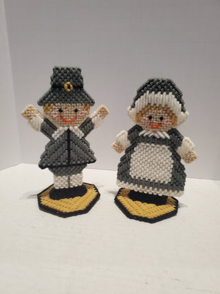 Handmade Plastic Canvas Needlepoint Pilgrim Girl & Boy Figures Set, Multicolor