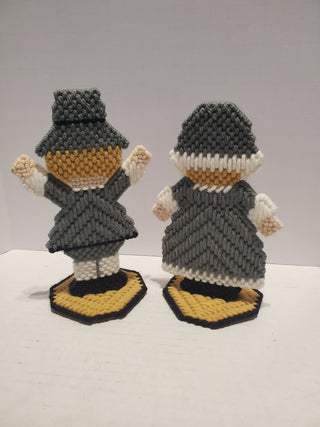 Handmade Plastic Canvas Needlepoint Pilgrim Girl & Boy Figures Set, Multicolor