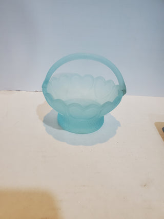 Vintage Blue Frosted Glass Basket Trinket Dish with Heart Embossed Design