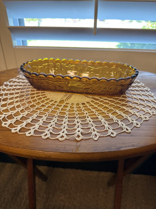 Vintage Indiana Glass Tiara Amber Scalloped Edge Relish Dish -RCD|117651