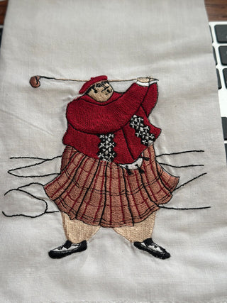 Tea Towel - Linen embroidered w/Scottish Kilted Golfer 14"x12.5" RCD|105204