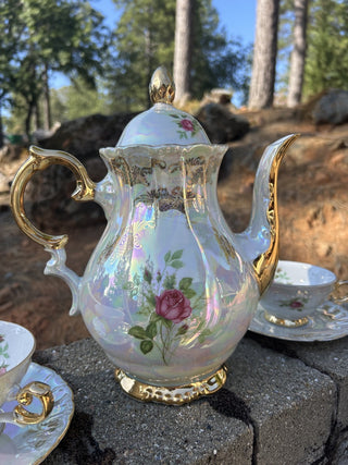12F 5 piece iridescent and gold rose tea set RSV|79442