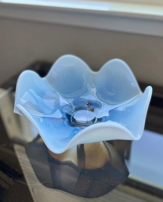 Vintage blue opalescent ruffled glass bowl RSV