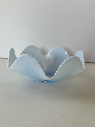 Vintage blue opalescent ruffled glass bowl RSV