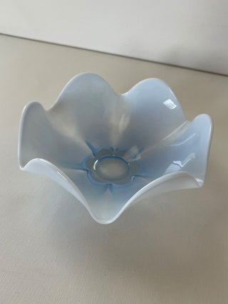 Vintage blue opalescent ruffled glass bowl RSV