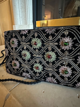 Vtg. 1950's Black Velvet Beaded Evening Bag, Gilt metal Jewels, blk strap RCD|75968