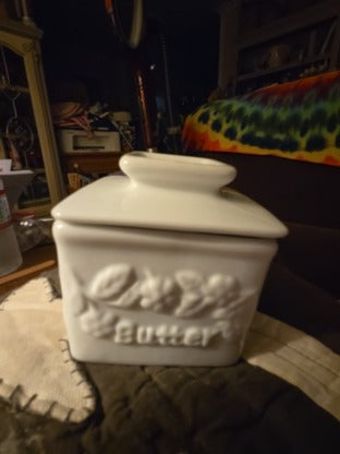 RPI Square White Porcelain Butter Keeper Crock w/ Lid Embossed Flowers