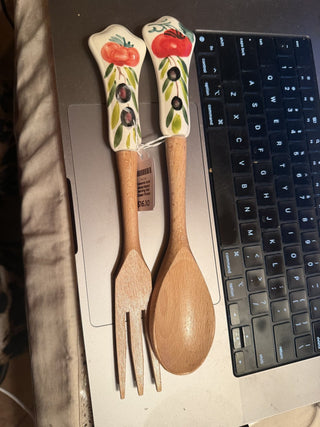 Ceramic and Wood Salad Serving Set Glossy Finish Olives #63 VV MTS