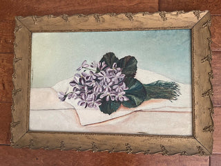 VINTAGE FRAMED ORIGINAL OIL VIOLETS WITH GOLD FRAME 22" x 15" LEAVENWORTH KANSAS MARK ON BACK VERY GOOD VINTAGE CONDITION WIRE FOR HANGING (KJS) RCD|105452