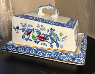 1920-1930's Stoke-on-Trent Cheese Dish Polychrome Bird & Floral Motifs