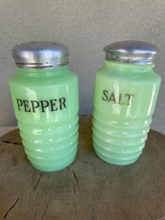 1940s Jeanette Uranium Jadeite Ribbed Salt & Pepper Shakers