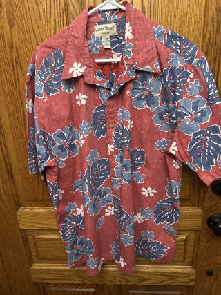 Vintage Cooke Street Men's Hawaiian Shirt Red w/ Blue and White Flowers-RCD|121372