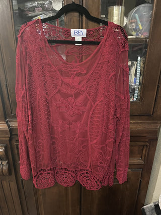 3XL Deep Red Sheer Long Sleeve Blouse with Tank Under RCD