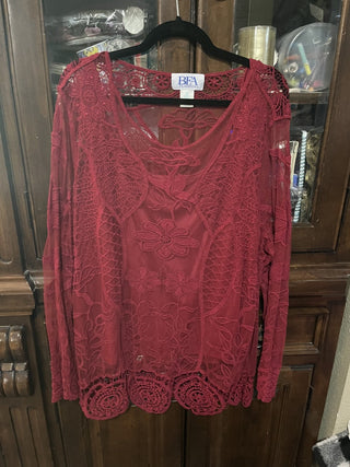 3XL Deep Red Sheer Long Sleeve Blouse with Tank Under RCD