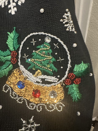 Victoria Jones Christmas holiday snowflakes and snow globe zip-up embroidery and sequin hooded cardigan sweater zip-up size Large #62 VV MTS|134312