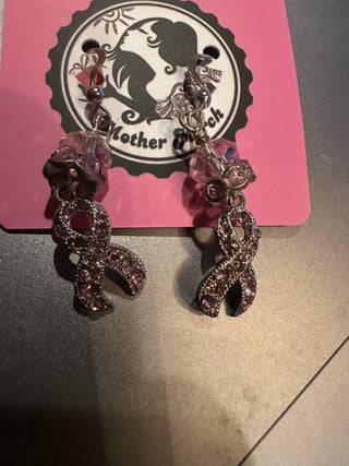 #62 VV Breast Cancer Ribbons with Pink Rhinestone Charms Novelty Dangle earrings  MTS