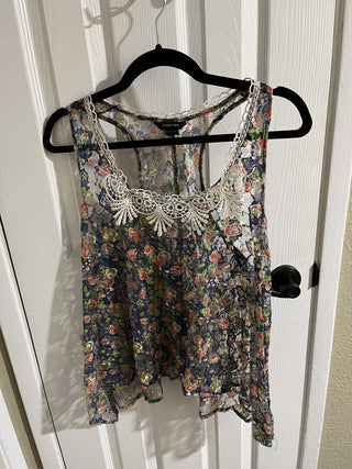 Sheer Women's Sleeveless Floral Blouse with Lace, Size Large RCD|119426