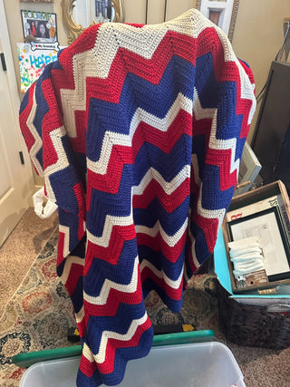 Handmade vtg. style crochet blanket, red/white/blue 56"x65" RCD
