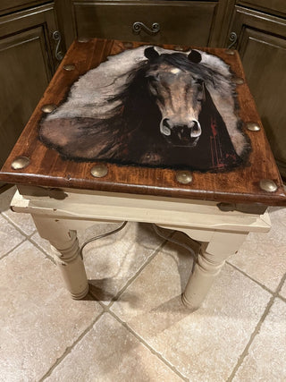 Custom Horse Top/Cream Base w/Iron Accents Side Table. RSV|143116