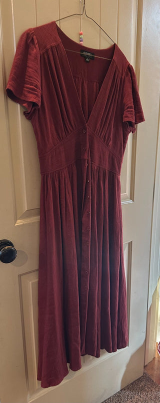 Red Midi Dress w/short sleeves & button down front Size L RCD