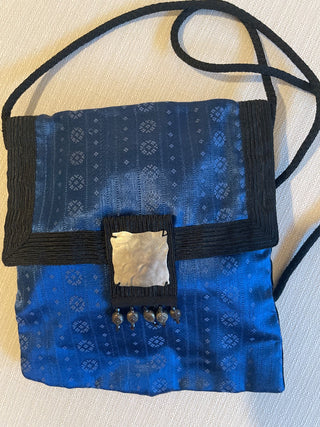 Blue silk Handbag with black trim and beads handmade RSV