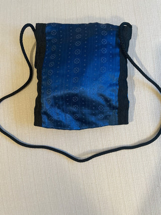 Blue silk Handbag with black trim and beads handmade RSV