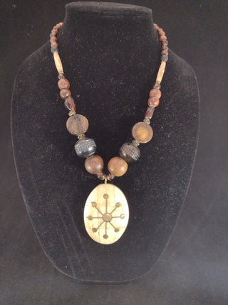 1970's Camel Bone Necklace with Brass inlaid RCD|74278