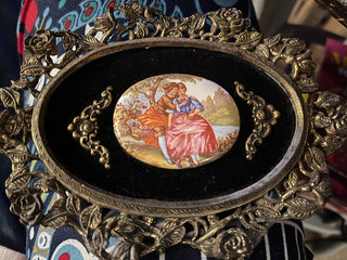 Vintage Hand Painted with Black Velvet Backing and Framed "Courting Couple" Cameo by E.A. RIBA CO. INC RSV|125522