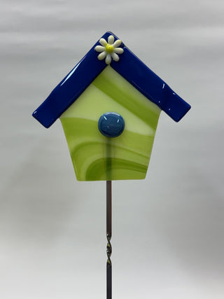 Fused Glass - Garden Stake - Green Swirl with Blue Roof - AnoGlass RSV|112576