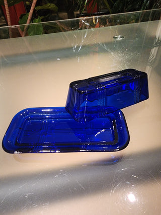 Butter Dish Cobalt Blue Hazel Atlas Criss Cross RSV|75597