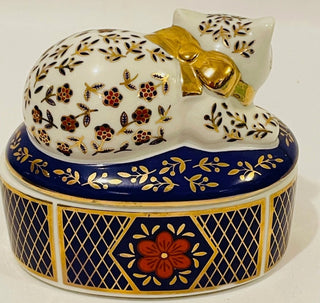 Vintage Takahashi Porcelain Cat Jewelry Trinket Box Blue Gold #62 VV MTS|69077