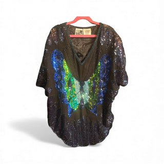 Vintage Sequin Butterfly Silk Blouse party top Size XL #63 VV MTS|141054