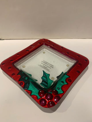 Art glass 7” square glass dish Xmas. Berries|125631