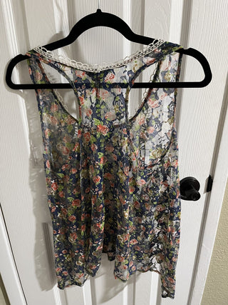 Sheer Women's Sleeveless Floral Blouse with Lace, Size Large RCD|119428