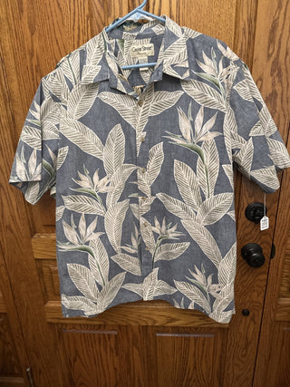 Vintage Cooke Street Men's Hawaiian Shirt Size XL - Blue with green & tan Leaves -RCD|102554