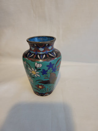Vtg Cloisonne Turquoise Enameled Brass Vase RCD|133860