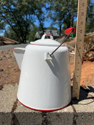 Vintage Extra-Large Enamel Ware Cowboy Coffee Pot Kettle Large Cowboy Camp Fire White Red