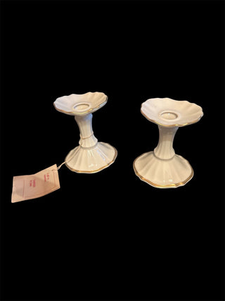 2 Lennox Symphony pattern candlesticks Ivory with Gold Trim approx. 4.5 tall USA #62 VV MTS