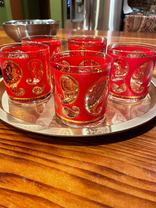 VNTG MCM Culver Red/Gold Paisley Glasses (set 5)~MTS|113745
