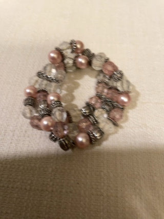 Pink clear, silver bead stretch bracelet three strands