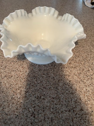 VTG Fenton hobnail milk glass footed bowl w/ ruffled edges