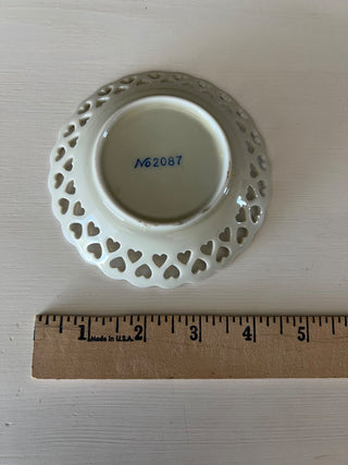 Vintage blue and white heart punched trinket dish RSV|96823