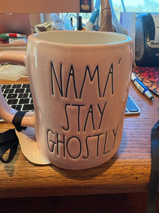 Rae Dunn coffee cup - "nama' stay ghostly", pink