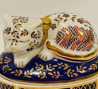 Vintage Takahashi Porcelain Cat Jewelry Trinket Box Blue Gold #62 VV MTS|69074